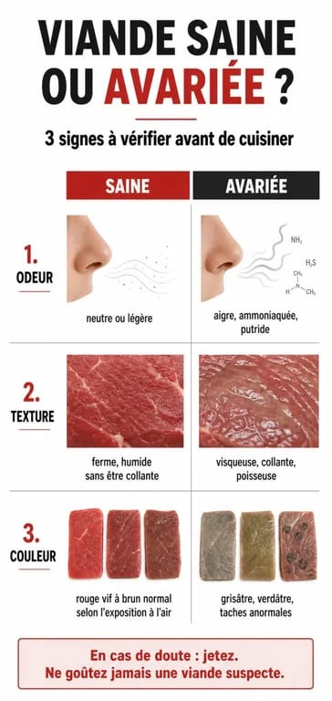 Infographie sur les signes de fraîcheur et de péremption de la viande pour éviter la viande qui sent fort à la cuisson