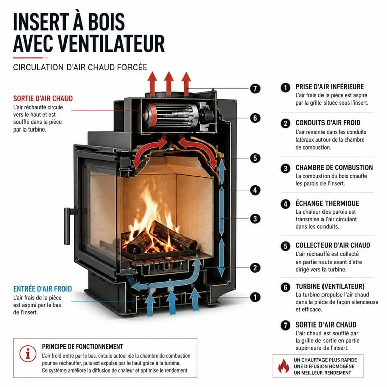 Schéma de fonctionnement d'un insert avec ventilateur montrant la convection forcée