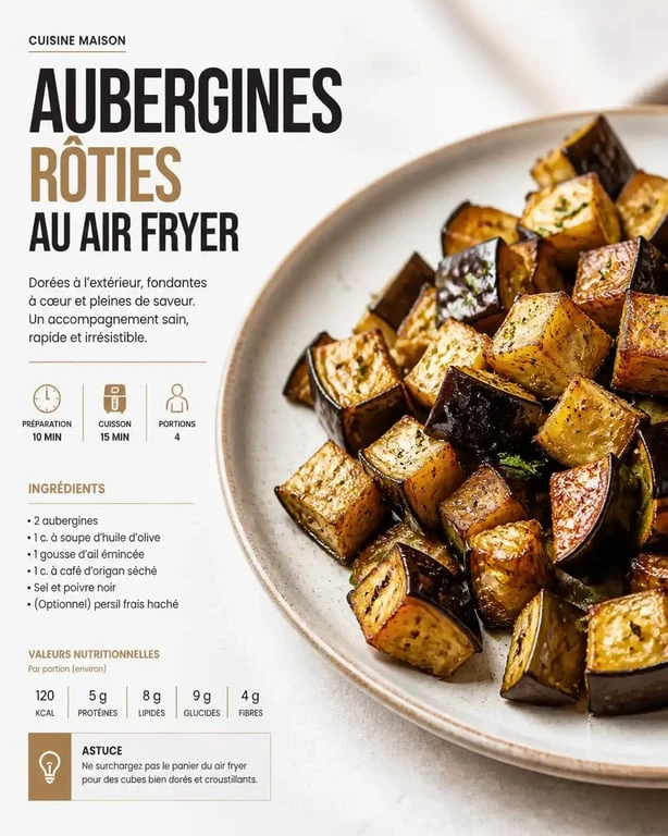 Aubergines en cubes cuites au air fryer, dorées et fondantes