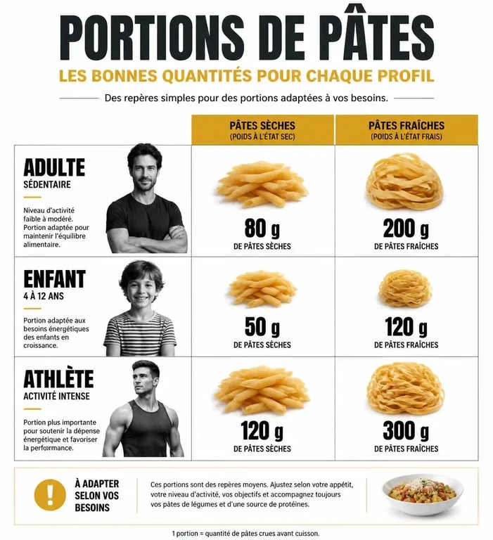 Infographie sur le grammage de pâtes par personne selon le profil et le type de pâtes