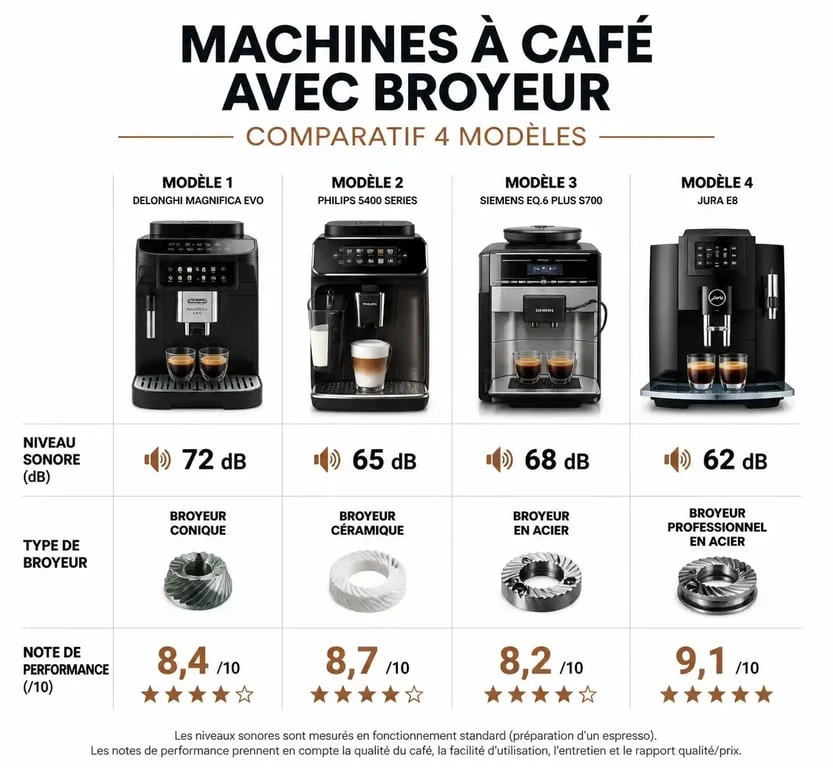 Comparatif des meilleures machines à café avec broyeur silencieux par niveau sonore