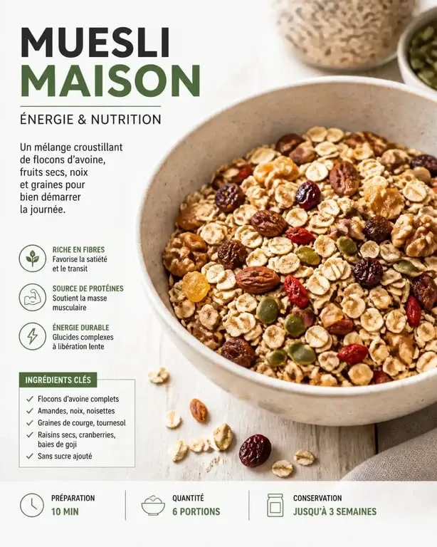 Bol de muesli maison healthy aux flocons d'avoine, noix et fruits secs pour un petit-déjeuner équilibré