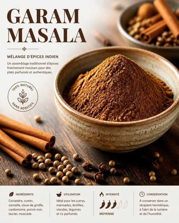 Garam masala maison fraîchement moulu dans un bol en céramique, épices entières disposées autour