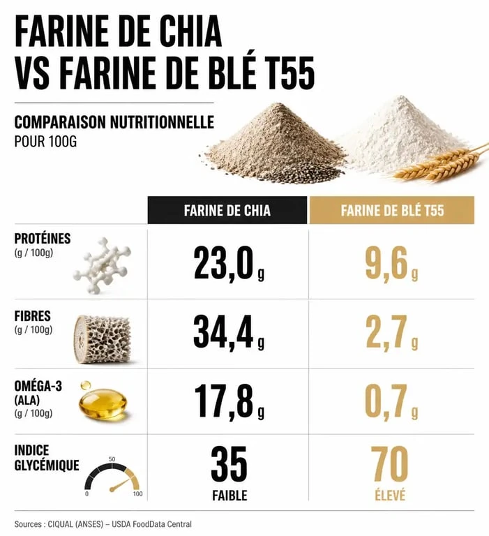 Infographie comparative des valeurs nutritionnelles : farine de chia vs farine de blé T55