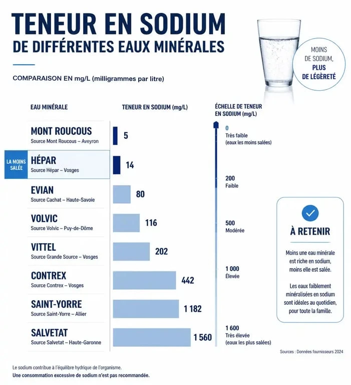 Infographie comparative des eaux minérales les moins salées pour un régime hyposodé