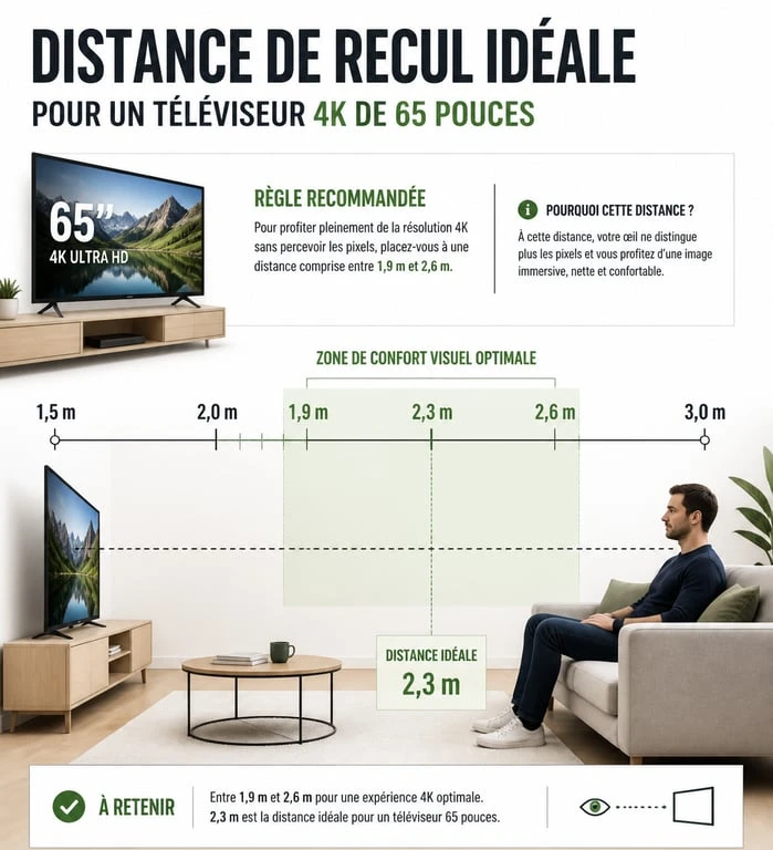 Infographie de la distance de recul idéale pour une TV 4K de 65 pouces