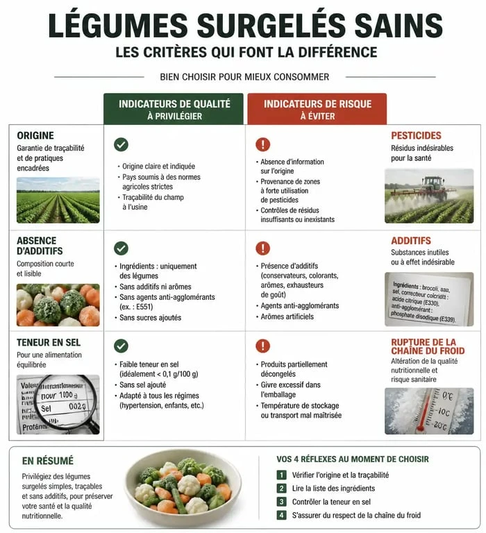Infographie sur les critères de choix pour éviter les marques de légumes surgelés de mauvaise qualité et privilégier des produits sains.