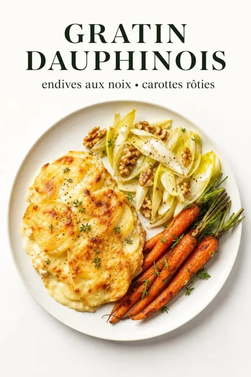 Assiette végétarienne composée d'un gratin dauphinois, salade d'endives et carottes rôties