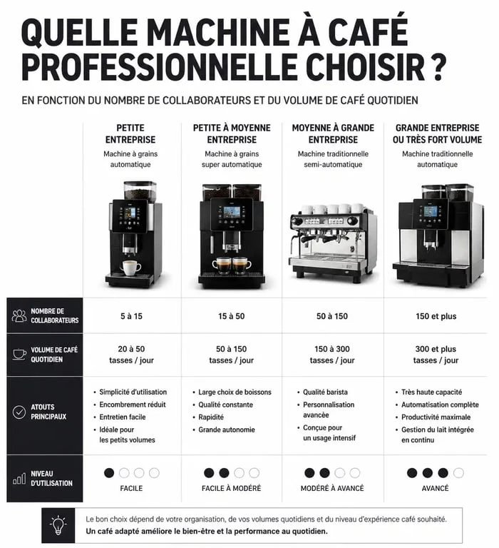 Infographie comparative des meilleures machines à café professionnelles selon la taille de l'entreprise