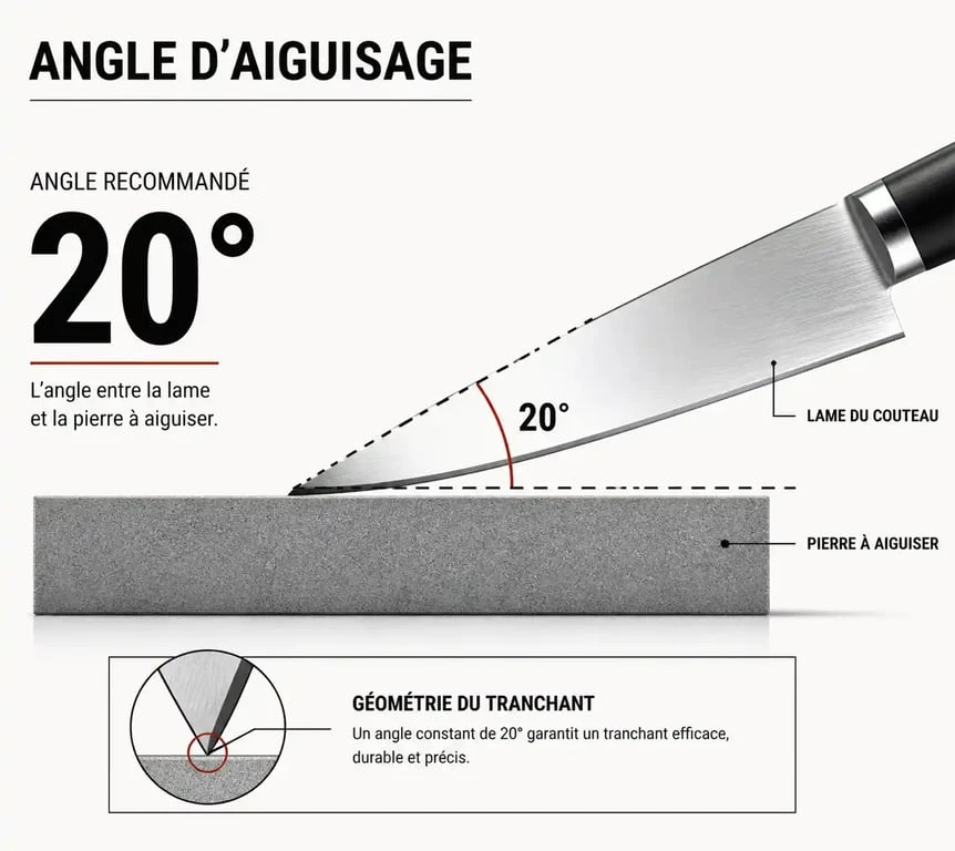 Schéma illustrant l'angle idéal pour utiliser une pierre à aiguiser un couteau