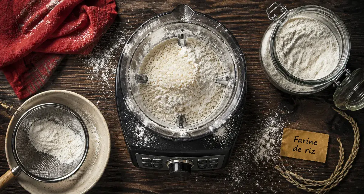 Faire de la farine de riz maison : blender, tamis et bocal de farine