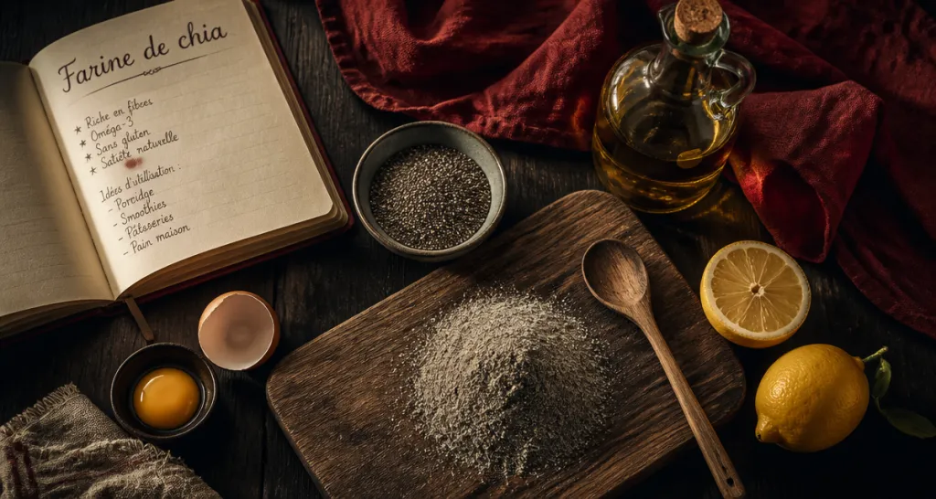 farine de chia sur planche avec graines et oeuf