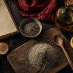 farine de chia sur planche avec graines et oeuf