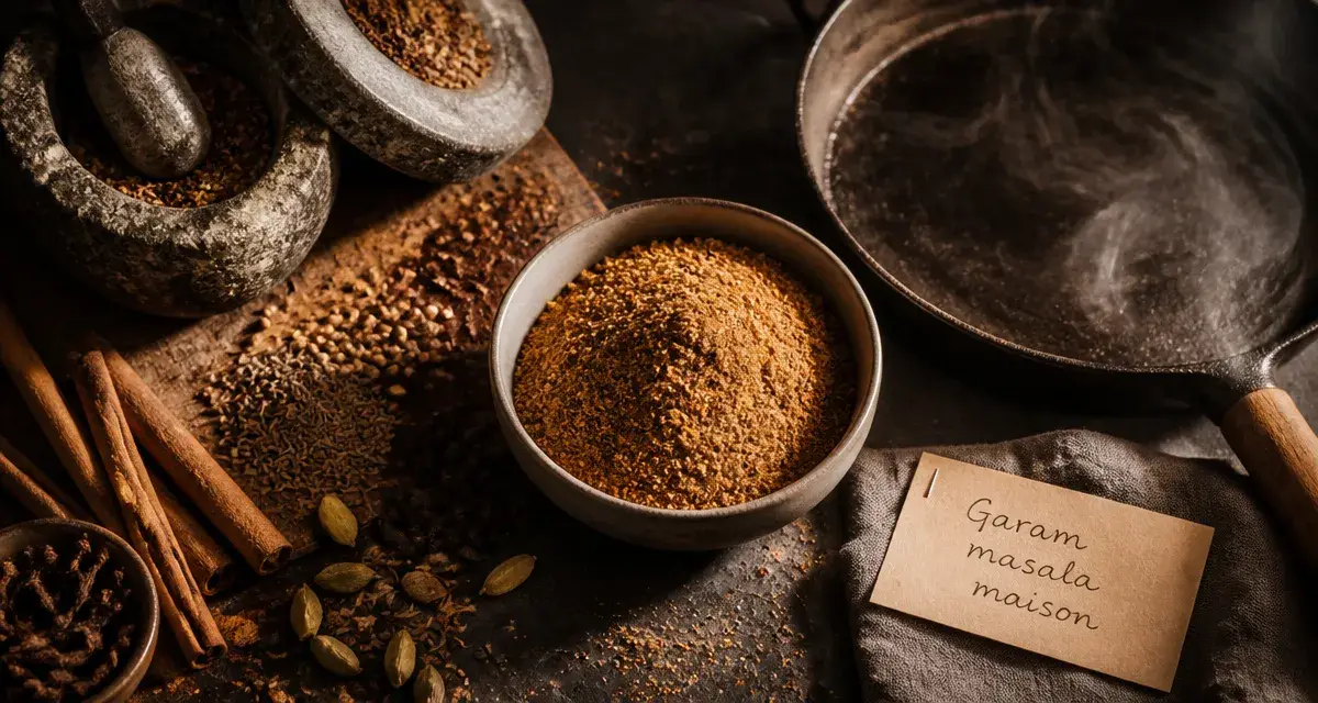 Garam masala composition maison : 6 épices entières (cumin, cardamome, poivre, cannelle, clou, coriandre)