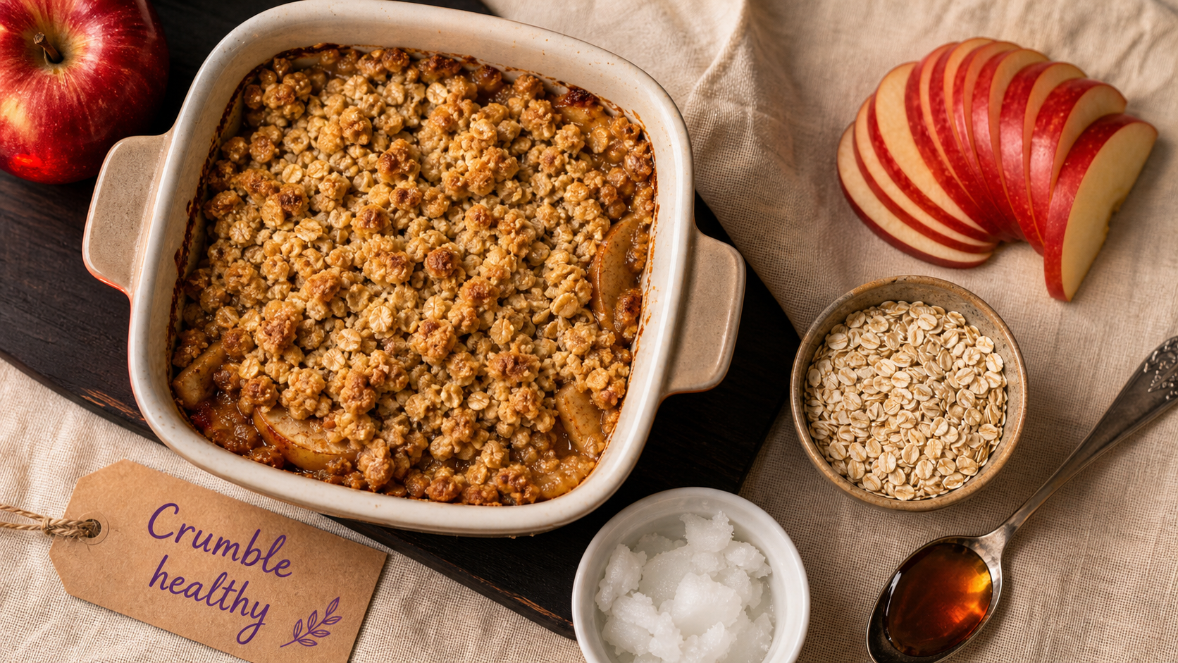 Healthier crumble pomme-cannelle croustillant sans beurre ni sucre raffiné
