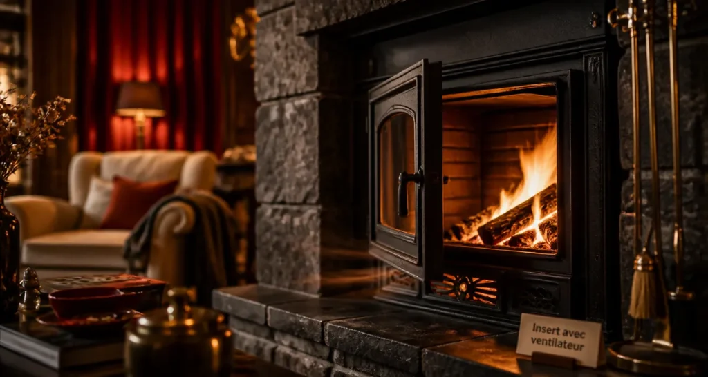 Insert avec ventilateur fonctionnement : feu et air chaud qui sort