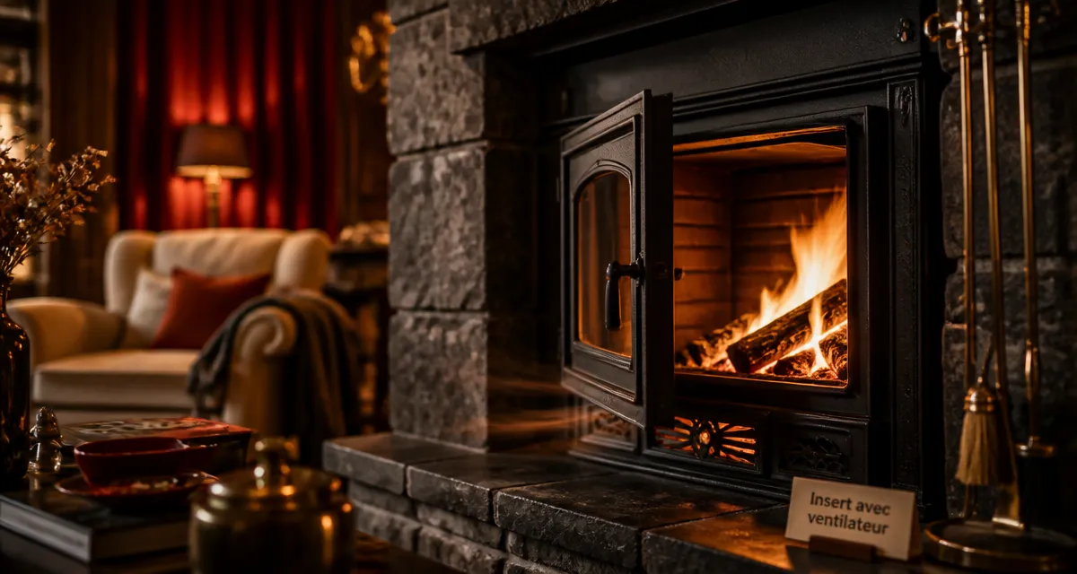 Insert avec ventilateur fonctionnement : feu et air chaud qui sort