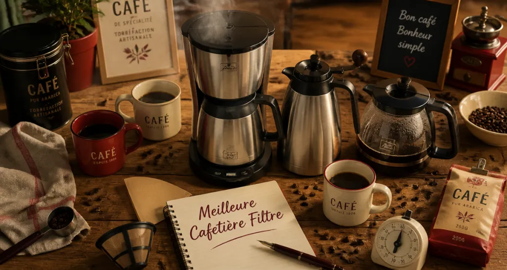 meilleure cafetière filtre carafe inox et verre sur table