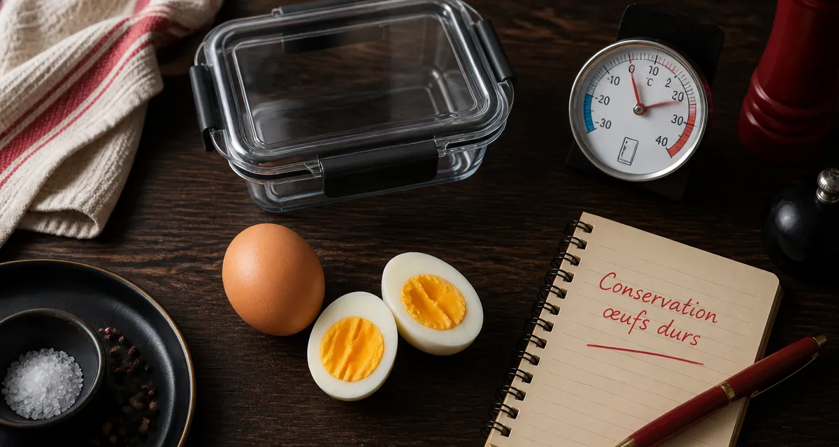 Oeuf dur combien de temps au frigo, œufs durs sur table et boîte hermétique