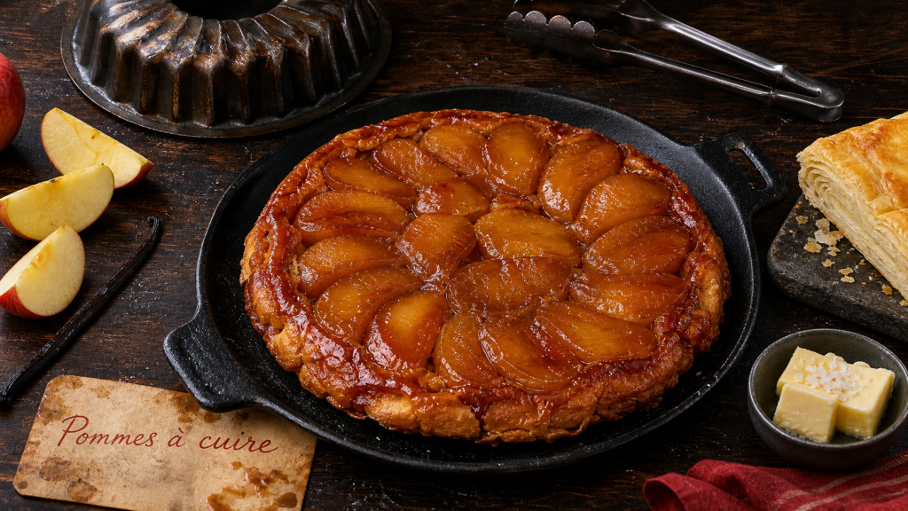 Pomme tarte tatin, caramel bruni brillant et pommes caramélisées