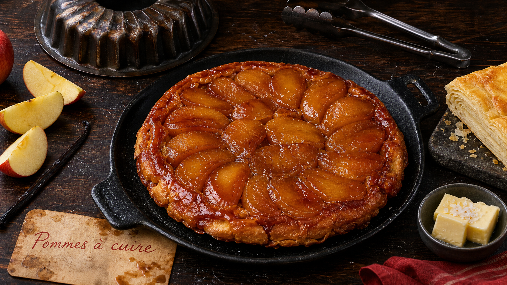 Pomme tarte tatin, caramel bruni brillant et pommes caramélisées