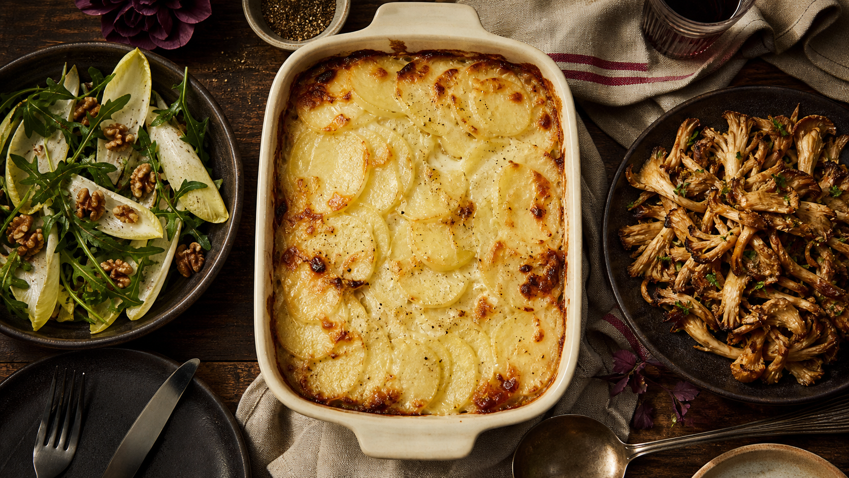 Que manger avec un gratin dauphinois sans viande : gratin, pleurotes et salade d’endives et roquette