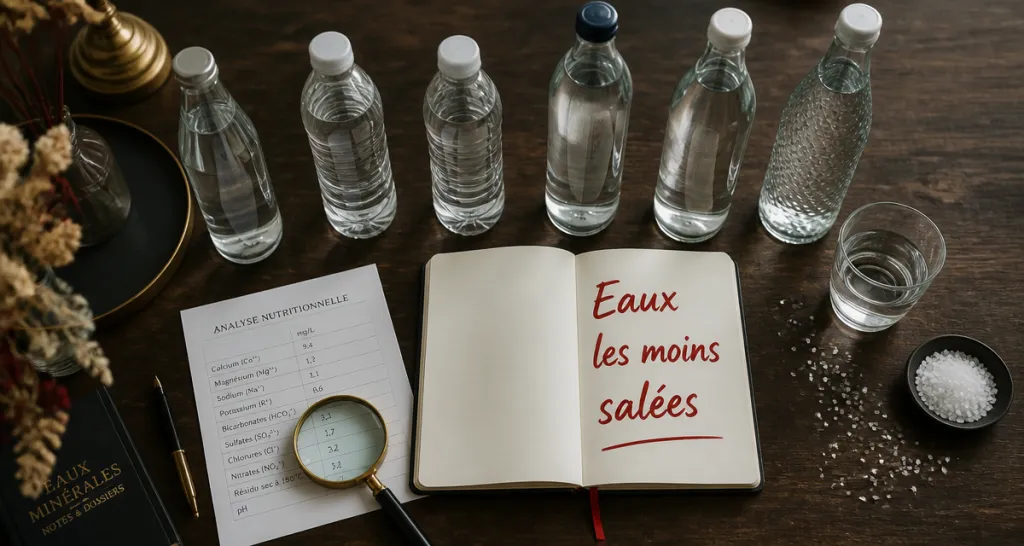 quelle est l'eau minérale la moins salée, sélection de bouteilles sans étiquette sur table