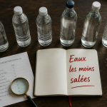quelle est l'eau minérale la moins salée, sélection de bouteilles sans étiquette sur table