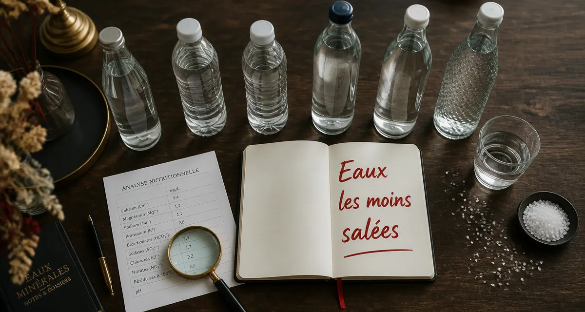 quelle est l'eau minérale la moins salée, sélection de bouteilles sans étiquette sur table