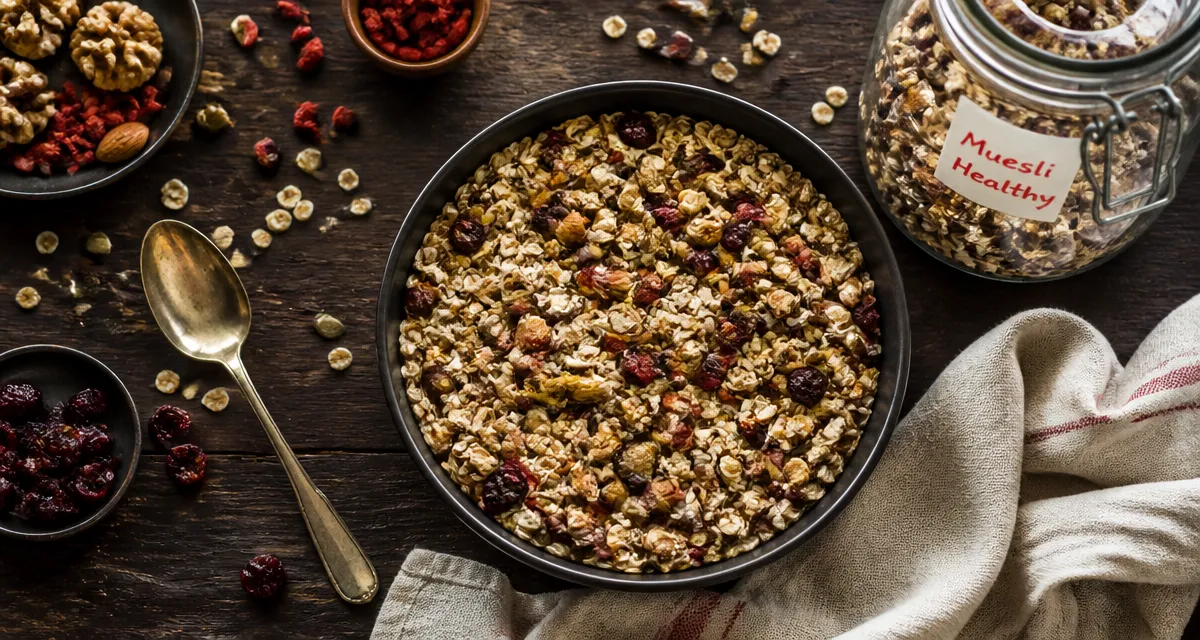 Recette muesli maison healthy, bol avec flocons, noix et fruits secs
