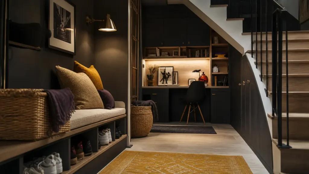 Aménagement sous escalier ouvert : rangement chaussures et bureau sous l’escalier