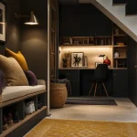Aménagement sous escalier ouvert : rangement chaussures et bureau sous l’escalier