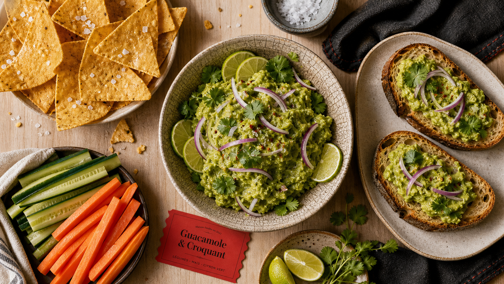 Avec quoi manger le guacamole : bol de guacamole, chips et légumes pour l’apéro
