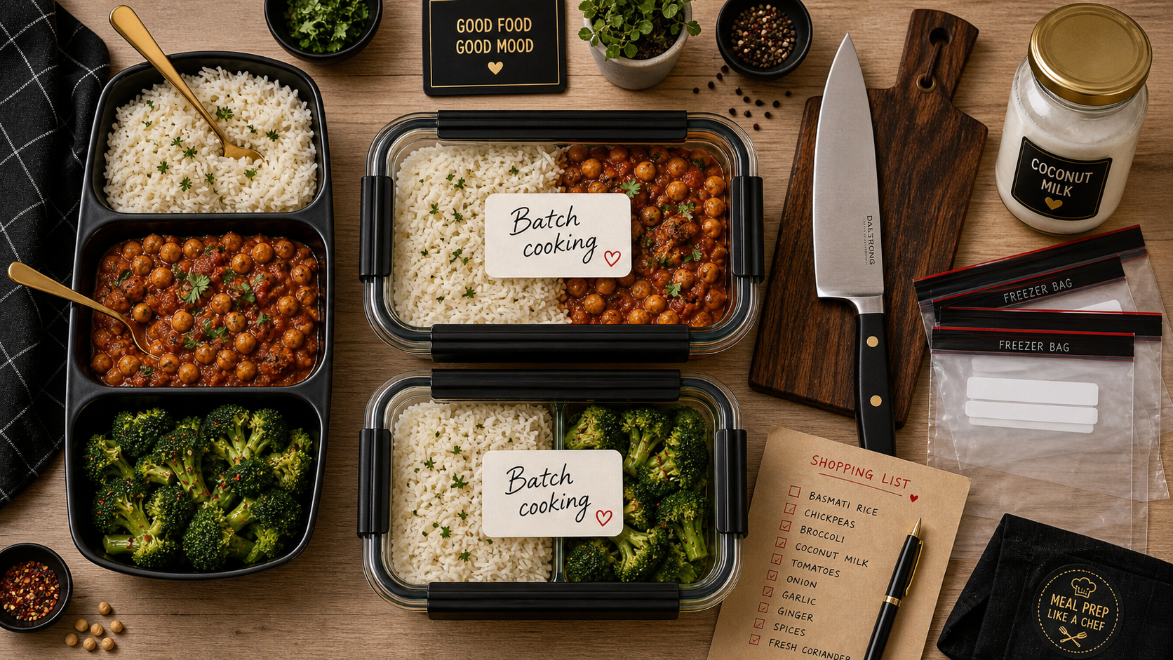 Le batch cooking pour la semaine : boîtes repas et ingrédients, 5 repas en 2 heures