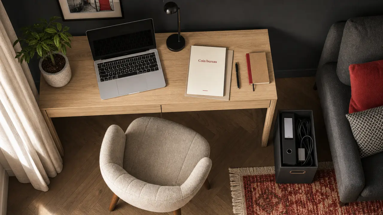 Coin bureau salon : console, ordinateur et rangements bien placés