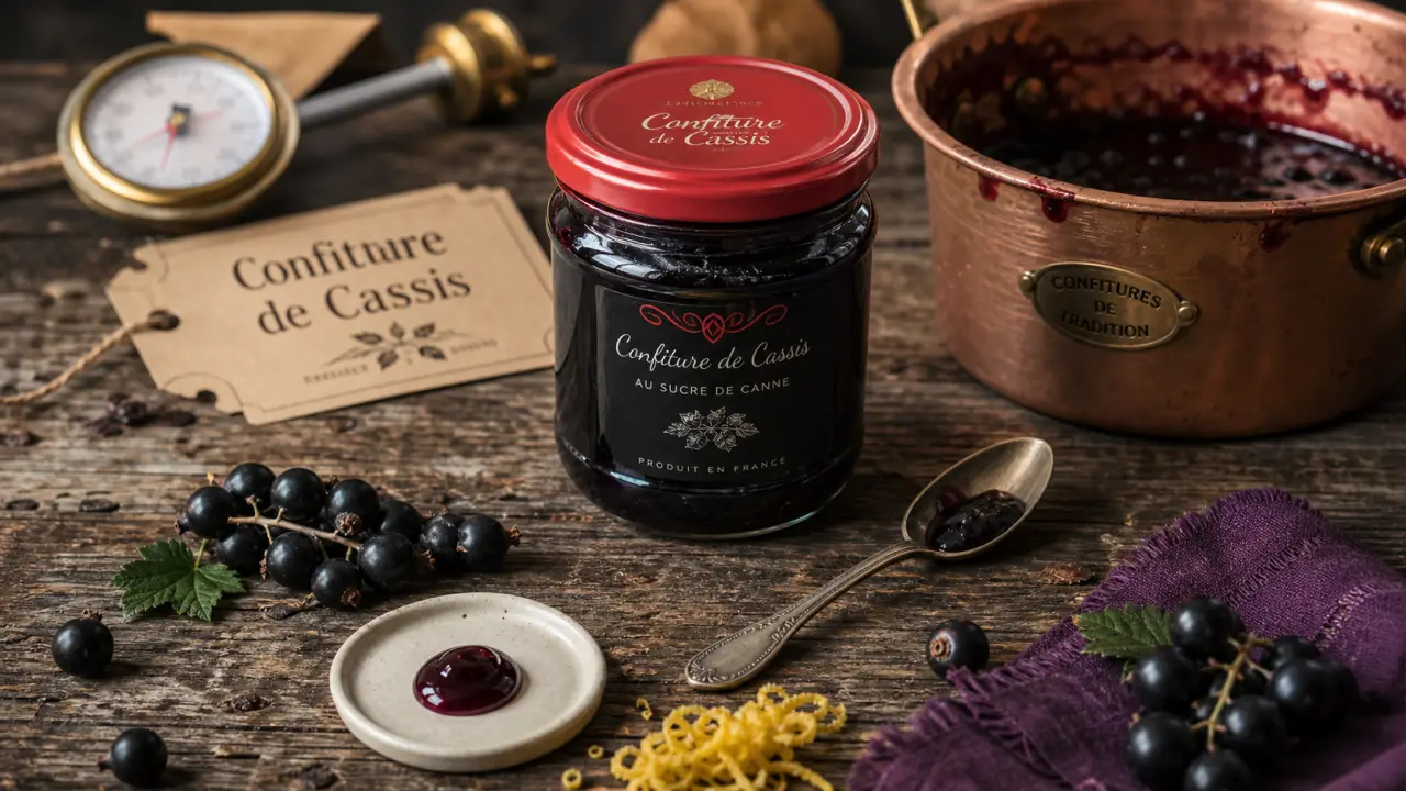 Confiture de cassis maison traditionnelle, pot de confiture et baies de cassis