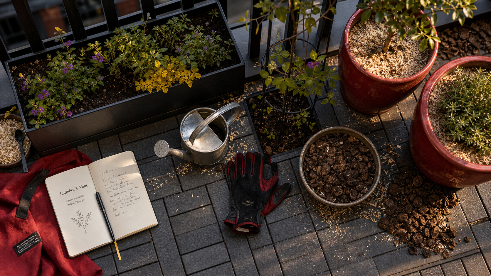 Créer un coin de verdure sur son balcon : jardinière de rambarde et pots en terre cuite