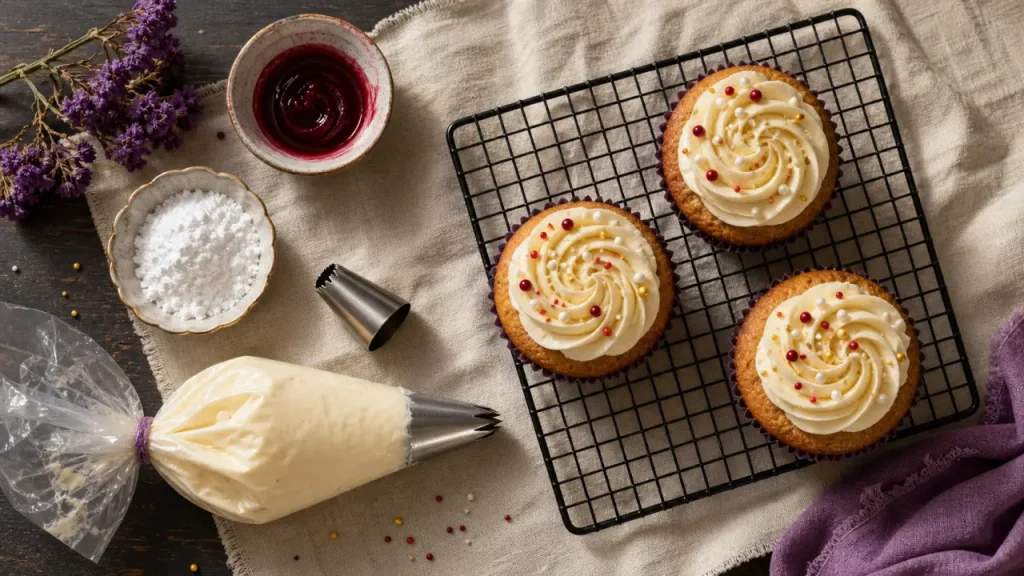 Decoration muffins : rosace de crème, sprinkles rouges/or sur disques en azyme