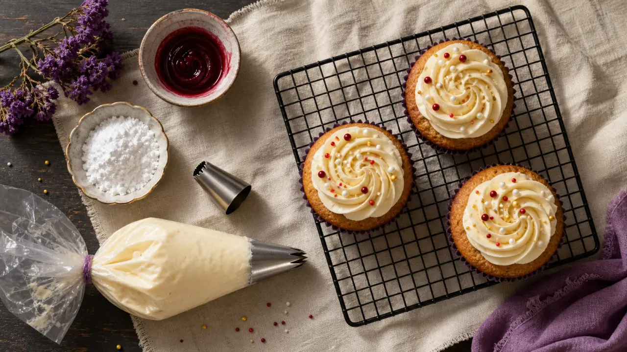 Decoration muffins : rosace de crème, sprinkles rouges/or sur disques en azyme