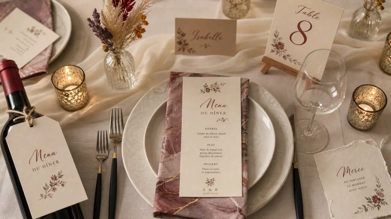 Décoration table mariage : chemin de table, menus et photophores clairs sur table ivoire