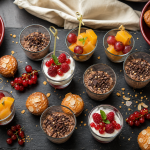 Dessert apéro dinatoire : verrines crème chocolat et fruits, mini-muffins, buffet
