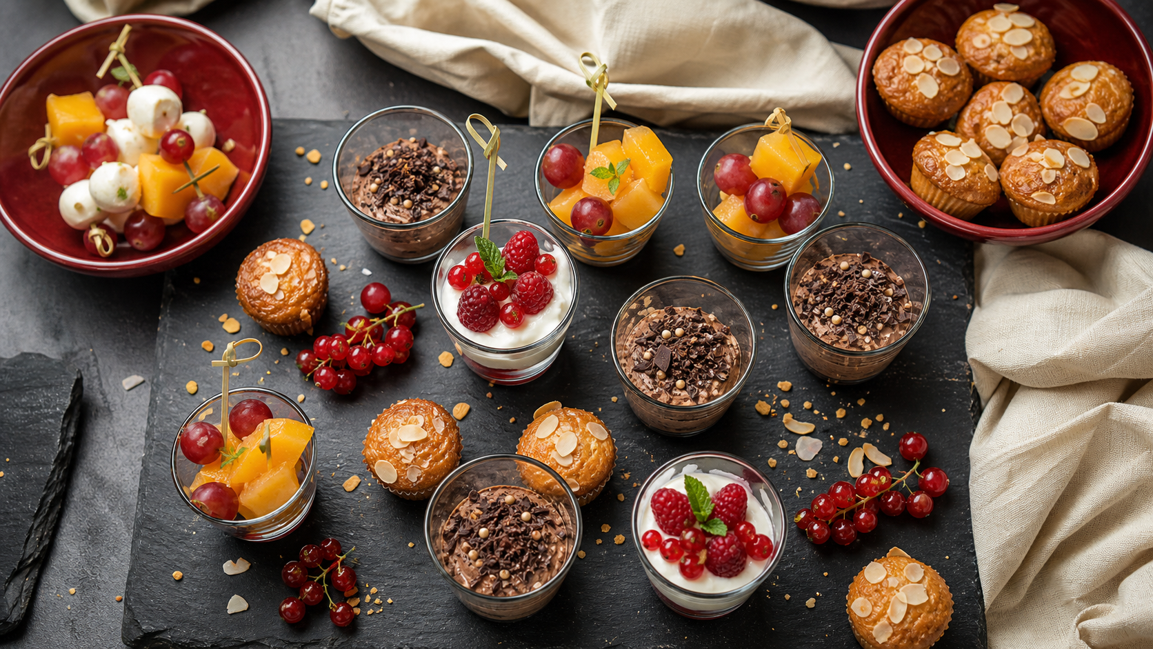 Dessert apéro dinatoire : verrines crème chocolat et fruits, mini-muffins, buffet