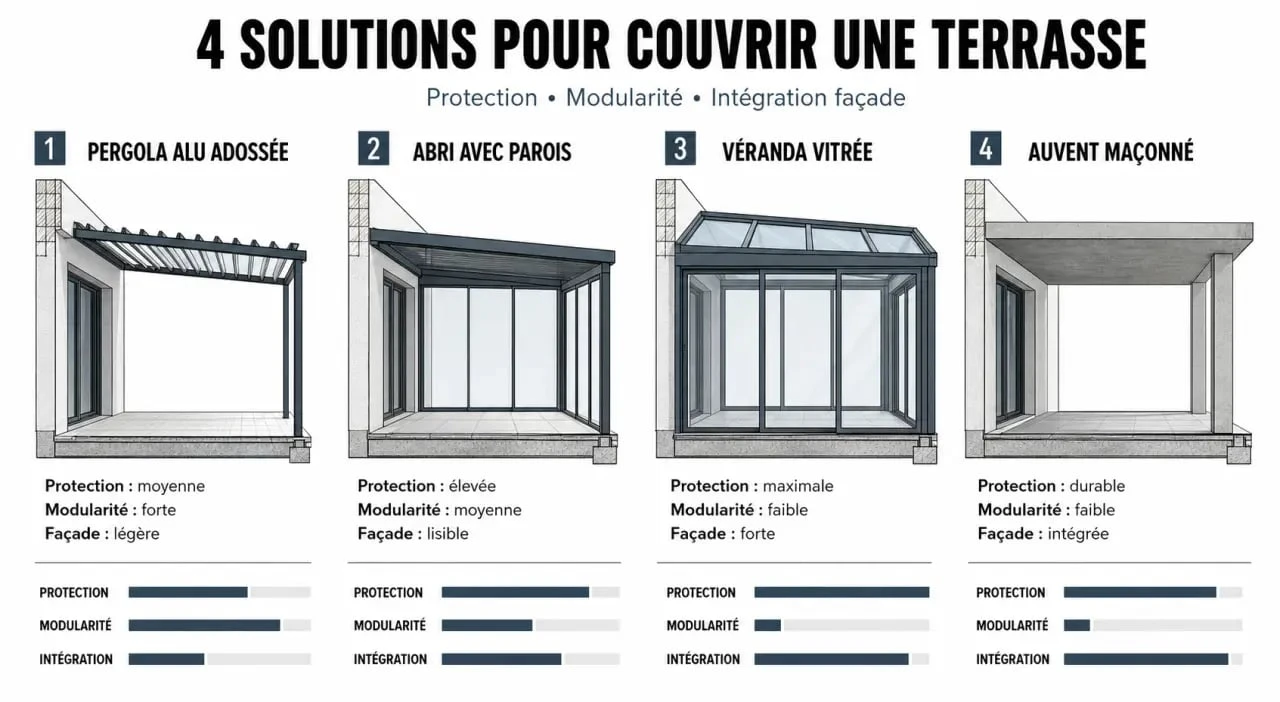 Comparatif visuel d’une terrasse couverte maison avec pergola, abri, véranda et auvent
