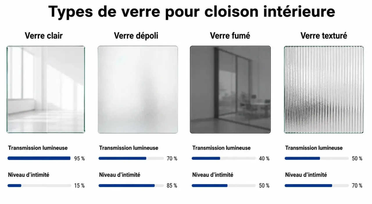 Infographie comparative des types de verre pour cloison intérieure : transparence, intimité et luminosité.