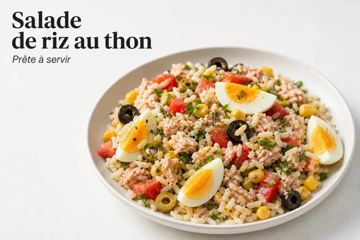 Recette salade de riz au thon dans une assiette dressée, vue appétissante et fraîche