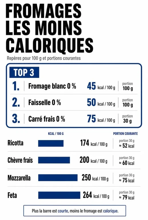Le fromage le moins calorique présenté dans un tableau comparatif des calories par 100 g