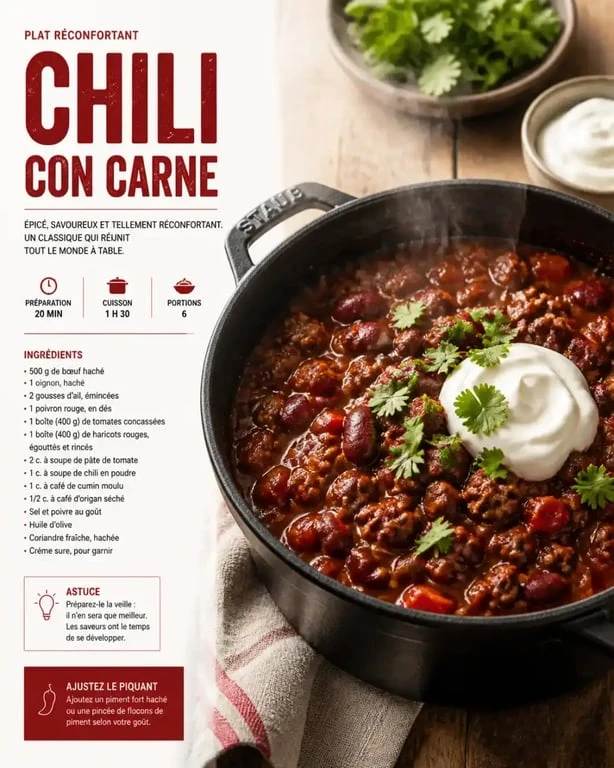 Plat unique pour 12 personnes : chili con carne généreux servi dans une cocotte