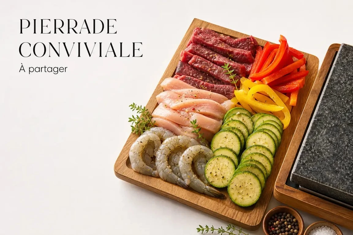 Plateau d'ingrédients frais pour une recette pour pierrade conviviale