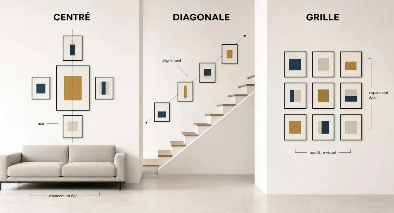 Disposition cadre mural dans un salon avec compositions centrée, diagonale et en grille