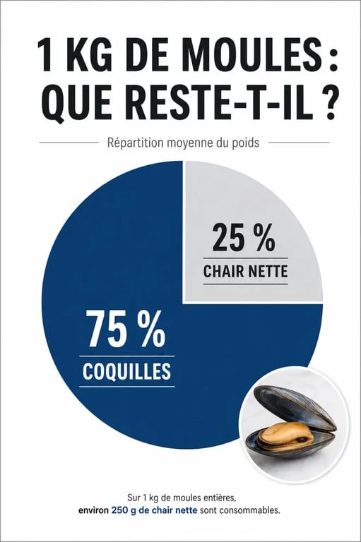Infographie montrant la répartition entre poids des coquilles et chair nette pour 1kg de moules par personne